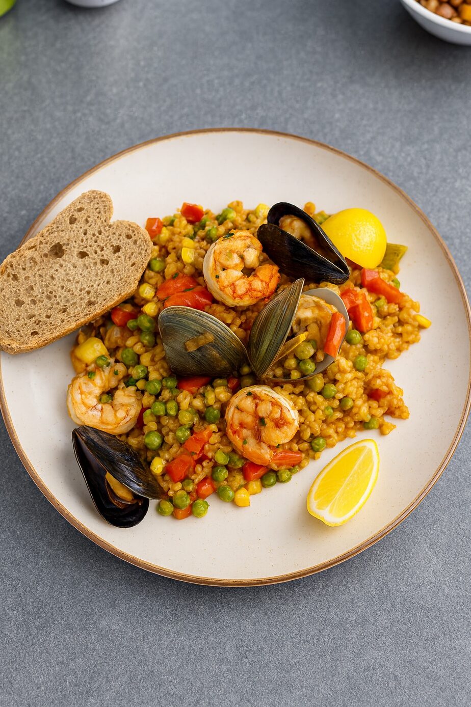 brown rice seafood paella with clams, mussels, shrimp, corn, peas, and Calabrian chili garnish