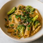 Pasta with Creamy Cannellini Bean Sauce, Broccoli, Mushrooms & Pine Nuts