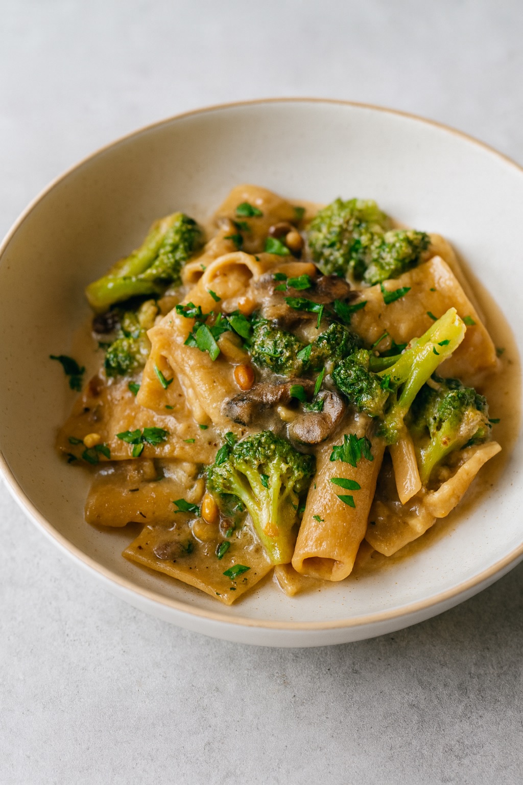 Whole wheat paccheri pasta coated in a creamy cannellini bean sauce, served with sautéed portobello mushrooms, bright green broccoli florets, and topped with toasted pine nuts